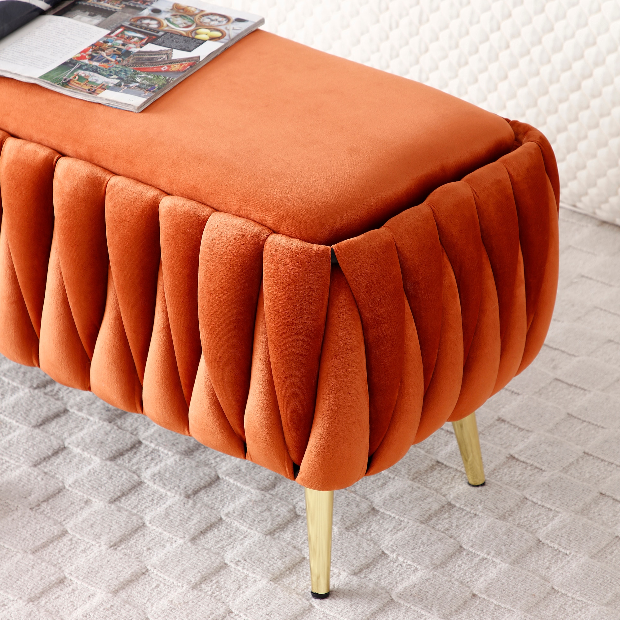 Oval Storage Bench With Gold Legs,Velvet Fabric ,Woven,Upholstered Ottoman Storage Benches For Bedroom End Of Bed,Sherpa Fabric Bench For Living Room,Dining Room,Entryway,Bed Side,Orange,5 Colors_voghion.com